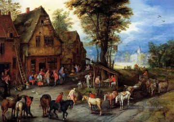 Breughel Jan Une rue de village avec la Sainte Famille arrivant à une auberge Rococo Peinture à l'huile